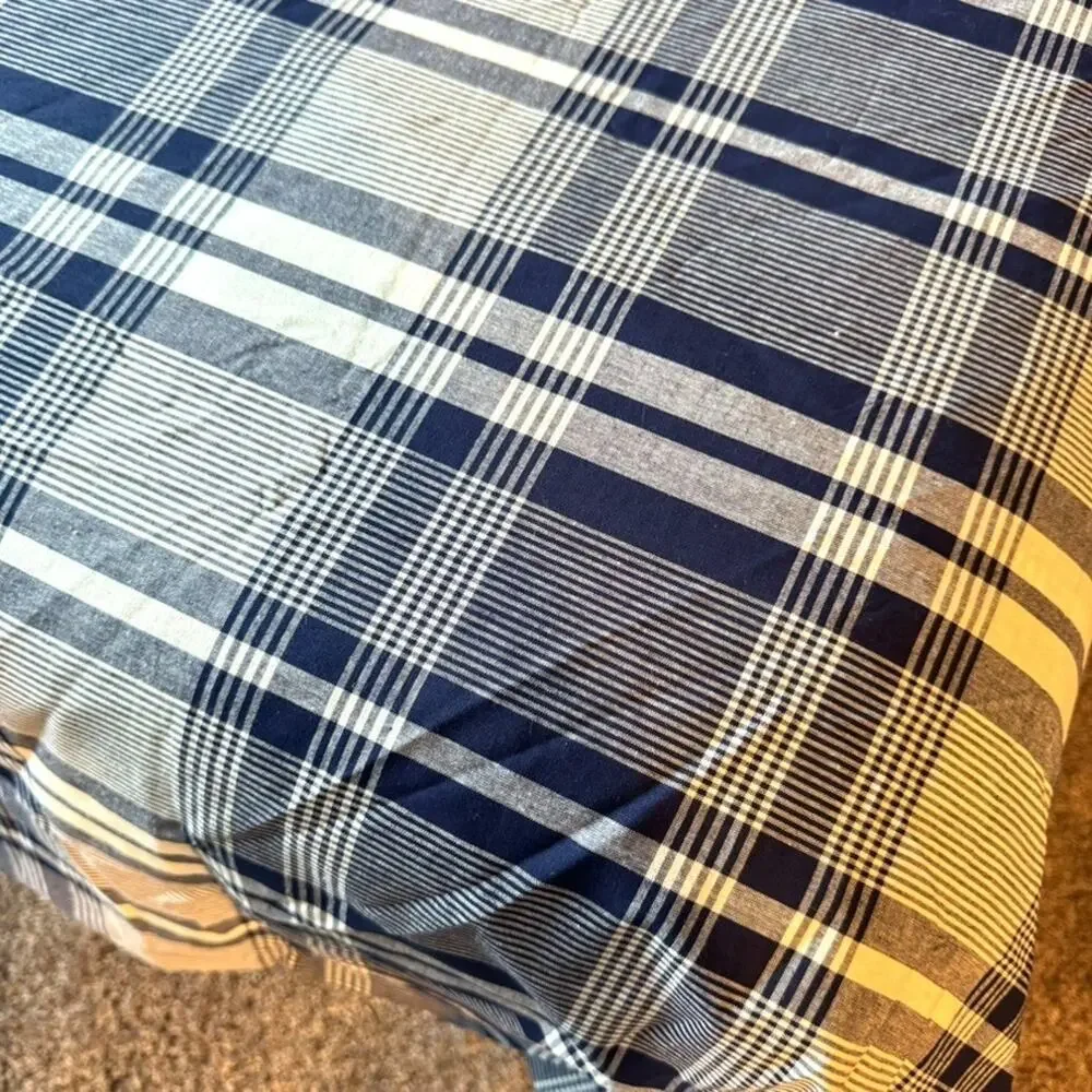 Yves Delorme King Duvet Cover Blue White Plaid 100% Cotton Luxury Made in France